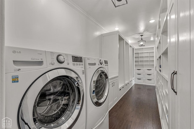 laundry area featuring independent washer and dryer, crown molding, dark wood-style floors, and recessed lighting