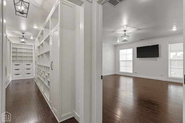 hall with crown molding, built in features, baseboards, and dark wood finished floors