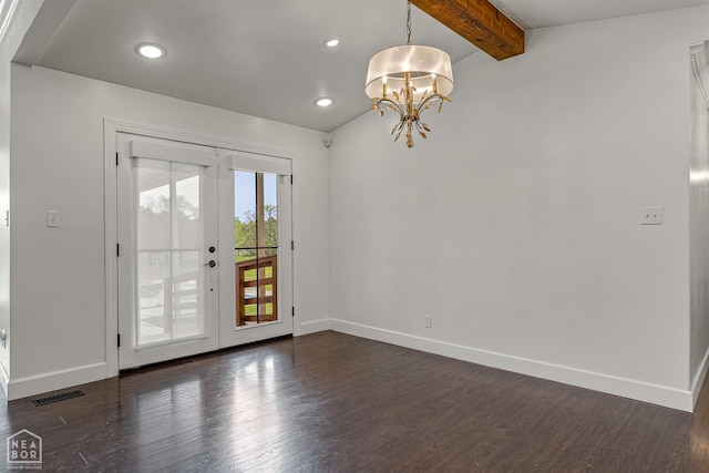 doorway to outside with visible vents, baseboards, a chandelier, dark wood-style floors, and recessed lighting