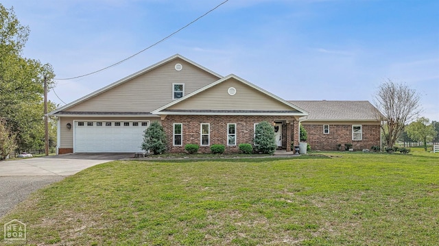 traditional home with driveway, a front lawn, brick siding, a garage, and a shingled roof