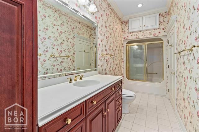 3201 S 2nd Ave S, Paragould, AR 72450 - bathroom with crown molding, wallpapered walls, vanity, tile patterned floors, and shower / bath combination with glass door