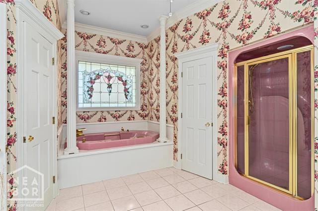 3201 S 2nd Ave S, Paragould, AR 72450 - full bathroom featuring a bath, ornamental molding, wallpapered walls, a stall shower, and tile patterned floors