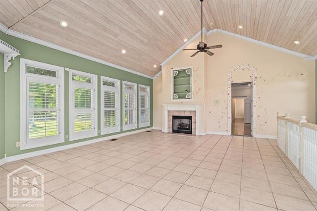 3201 S 2nd Ave S, Paragould, AR 72450 - unfurnished living room with wooden ceiling, light tile patterned flooring, ceiling fan, recessed lighting, and a tile fireplace