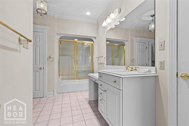 3201 S 2nd Ave S, Paragould, AR 72450 - bathroom with vanity, crown molding, tile patterned flooring, enclosed tub / shower combo, and recessed lighting