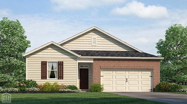 craftsman house featuring a shingled roof, an attached garage, brick siding, a front yard, and driveway