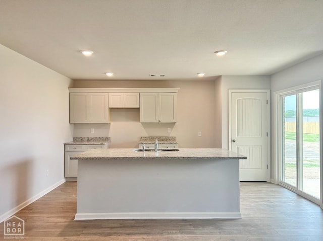 kitchen with a sink, light stone countertops, an island with sink, and a wealth of natural light