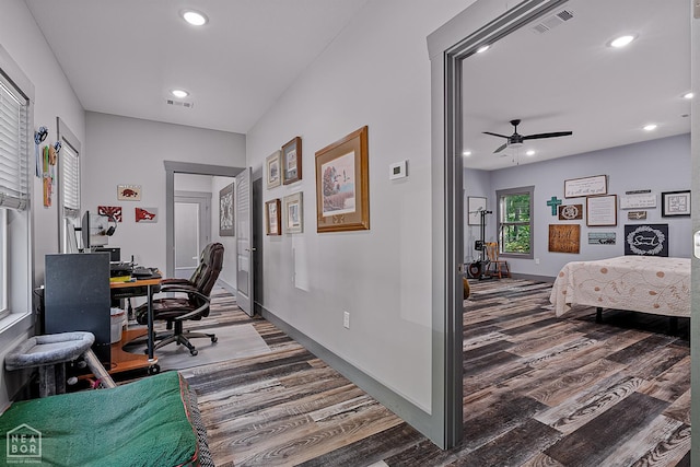 8203 Oak Creek Ln, Harrisburg, AR 72432 - home office with wood finished floors, a ceiling fan, and recessed lighting