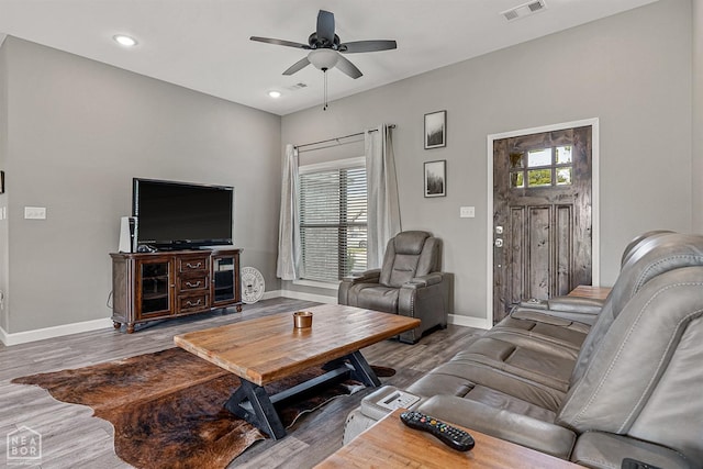 506 S Edmonds St, Monette, AR 72447 - living area with baseboards, ceiling fan, wood finished floors, and recessed lighting