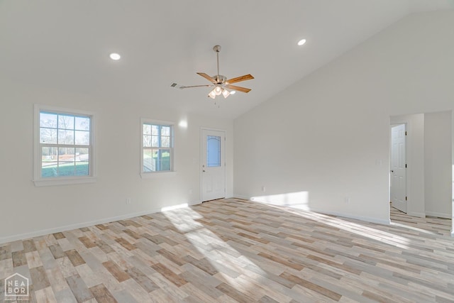 2516 Rebecca Dr, Pocahontas, AR 72455 - spare room with light wood finished floors, ceiling fan, recessed lighting, and high vaulted ceiling