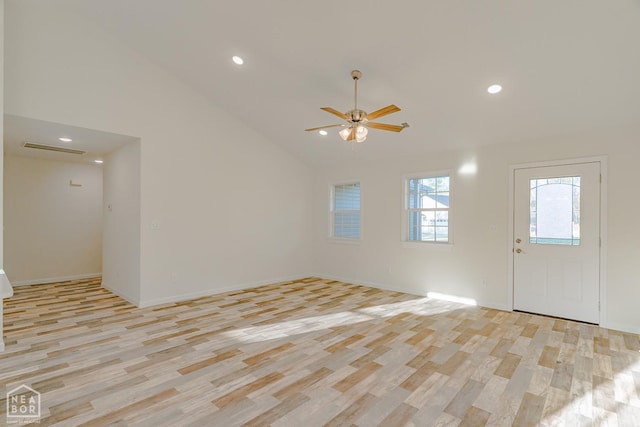 2516 Rebecca Dr, Pocahontas, AR 72455 - unfurnished living room with light wood-style floors, ceiling fan, recessed lighting, and lofted ceiling