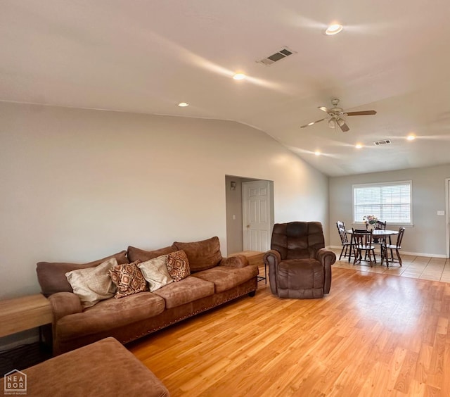 4907 Stidham Ln, Paragould, AR 72450 - living room featuring ceiling fan, light wood-type flooring, lofted ceiling, and recessed lighting