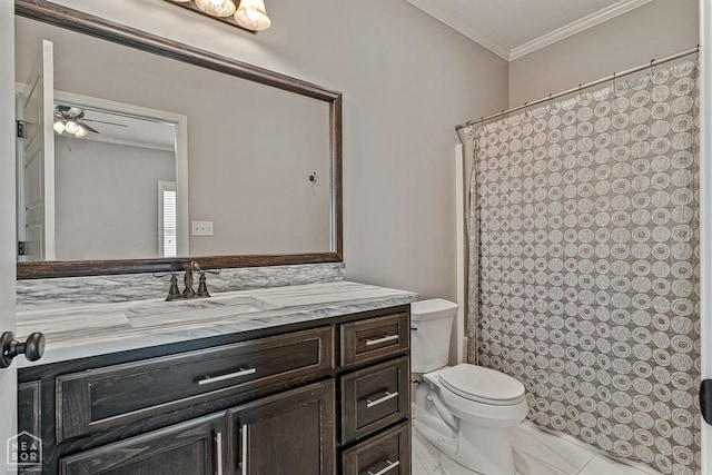 full bathroom with crown molding, toilet, curtained shower, and vanity