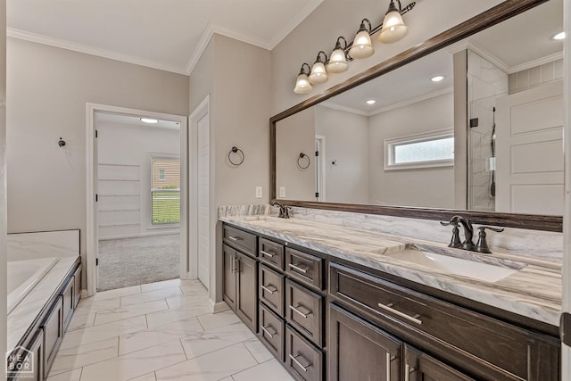bathroom featuring double vanity, marble finish floor, a garden tub, and a sink