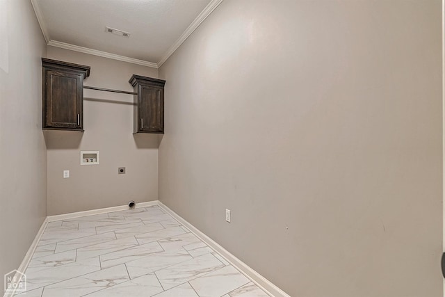 laundry room featuring washer hookup, hookup for an electric dryer, visible vents, baseboards, and marble finish floor