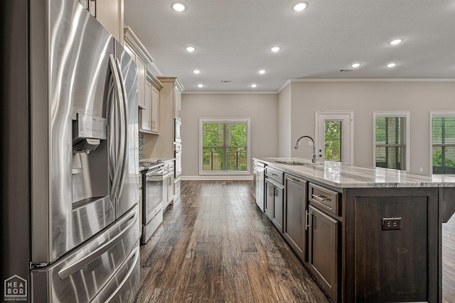 kitchen with dark wood-style floors, stainless steel appliances, crown molding, and a sink