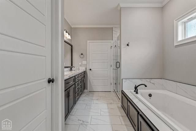 bathroom with a shower stall, marble finish floor, ornamental molding, and a bath