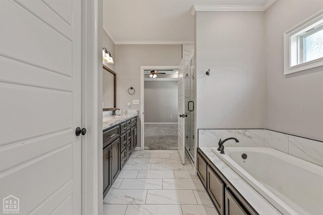 full bathroom with a bath, marble finish floor, a ceiling fan, and ornamental molding