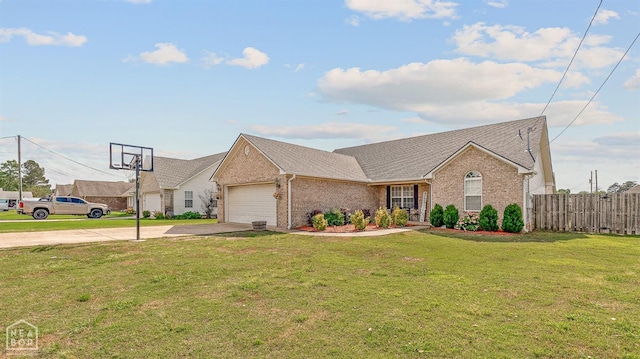 view of front of home with a garage, brick siding, fence, a front lawn, and concrete driveway