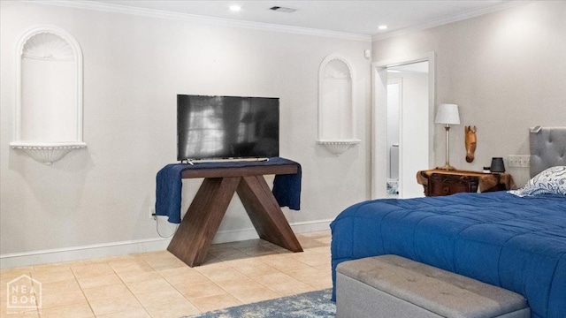 bedroom featuring ornamental molding, baseboards, tile patterned flooring, and visible vents
