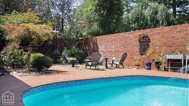 view of swimming pool featuring a fenced in pool, a patio, and fence