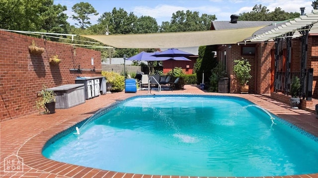 view of swimming pool with a patio area, a fenced in pool, and fence