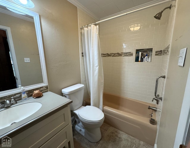 937 Homecrest Dr, Piggott, AR 72454 - bathroom with ornamental molding, vanity, shower / bath combo with shower curtain, decorative backsplash, and a textured wall
