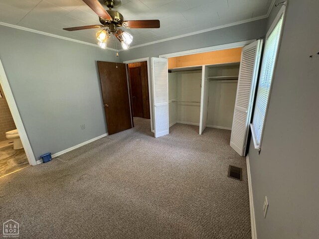 937 Homecrest Dr, Piggott, AR 72454 - unfurnished bedroom with light carpet, crown molding, a closet, a ceiling fan, and ensuite bath