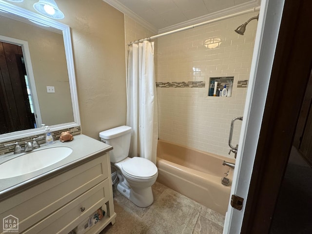 937 Homecrest Dr, Piggott, AR 72454 - bathroom with shower / bathtub combination with curtain, crown molding, and vanity