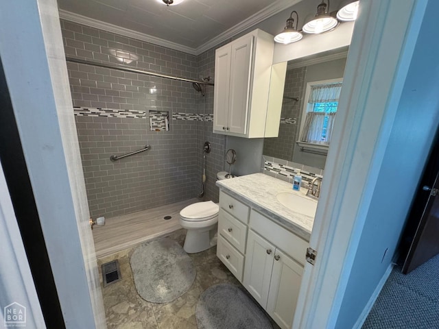 937 Homecrest Dr, Piggott, AR 72454 - bathroom featuring ornamental molding, a stall shower, and vanity