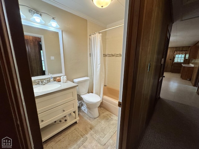 937 Homecrest Dr, Piggott, AR 72454 - full bath with vanity, shower / tub combo with curtain, ornamental molding, and tile patterned floors