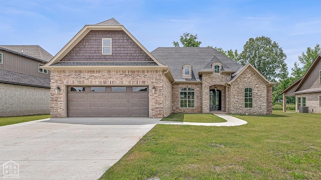 french provincial home featuring concrete driveway, a front lawn, brick siding, a garage, and a shingled roof