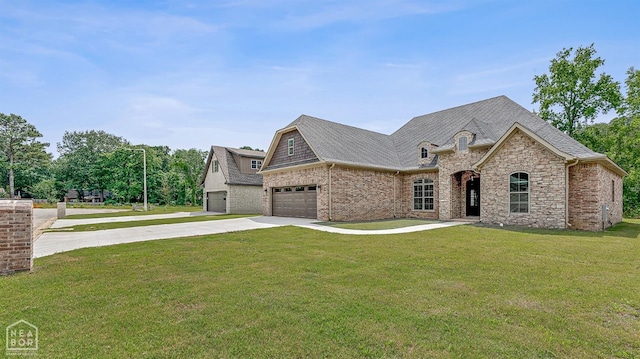 french country inspired facade featuring a garage, roof with shingles, stone siding, a front lawn, and concrete driveway