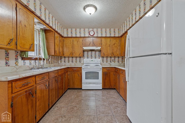 319 Stephans Ln, Corning, AR 72422 - kitchen featuring white appliances, a sink, brown cabinetry, a textured ceiling, and light countertops