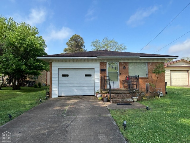 ranch-style house with a front yard, brick siding, aphalt driveway, and an attached garage
