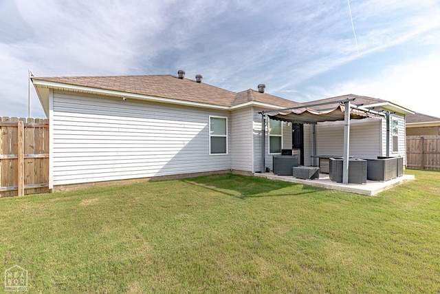 5405 Yukon Dr, Jonesboro, AR 72405 - rear view of house with a pergola, a fenced backyard, a patio area, a hot tub, and an outdoor living space