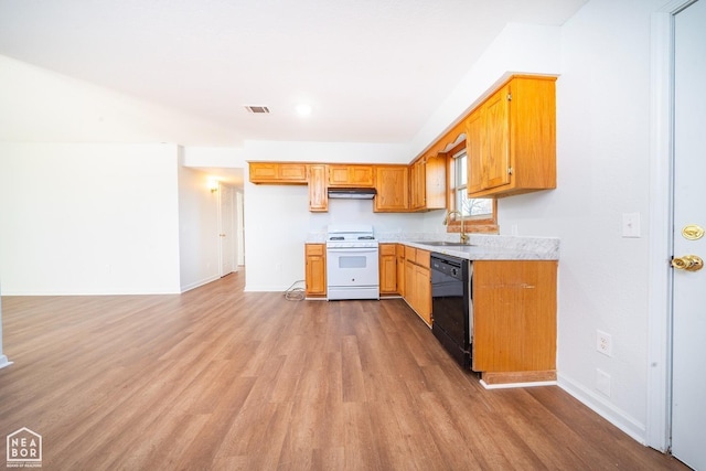 431 Affinity St, Hoxie, AR 72433 - kitchen featuring a sink, black dishwasher, white gas range, light wood-style flooring, and light countertops