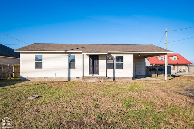 431 Affinity St, Hoxie, AR 72433 - rear view of property featuring a lawn, fence, an attached carport, and crawl space