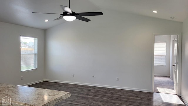 4909 Prospector Dr, Jonesboro, AR 72405 - empty room featuring vaulted ceiling, dark wood finished floors, a ceiling fan, recessed lighting, and a smoke detector