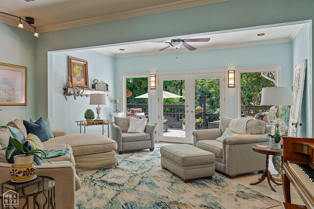 15 Plantation Oaks Ln, Jonesboro, AR 72401 - living area featuring french doors, ceiling fan, ornamental molding, and light tile patterned floors