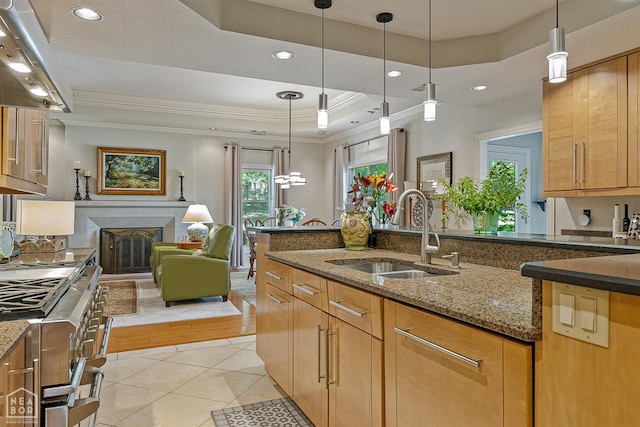 15 Plantation Oaks Ln, Jonesboro, AR 72401 - kitchen featuring a sink, a raised ceiling, crown molding, gas range, and stone counters