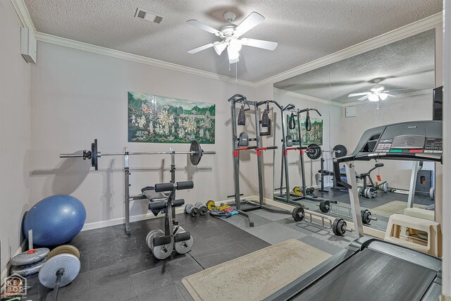 15 Plantation Oaks Ln, Jonesboro, AR 72401 - workout area with a ceiling fan, a textured ceiling, ornamental molding, and baseboards