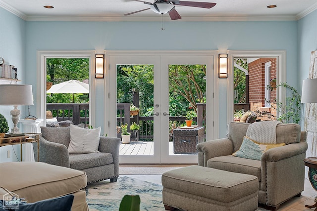 15 Plantation Oaks Ln, Jonesboro, AR 72401 - living room with french doors, ceiling fan, and ornamental molding