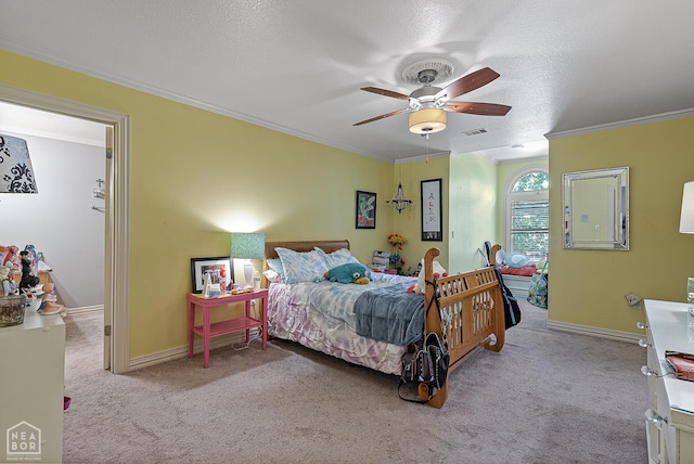 15 Plantation Oaks Ln, Jonesboro, AR 72401 - bedroom featuring carpet, ornamental molding, a textured ceiling, baseboards, and a ceiling fan