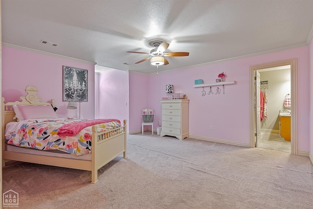 15 Plantation Oaks Ln, Jonesboro, AR 72401 - bedroom featuring light carpet, crown molding, a textured ceiling, baseboards, and a ceiling fan