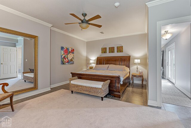 15 Plantation Oaks Ln, Jonesboro, AR 72401 - tiled bedroom with ornamental molding, baseboards, carpet flooring, and ceiling fan