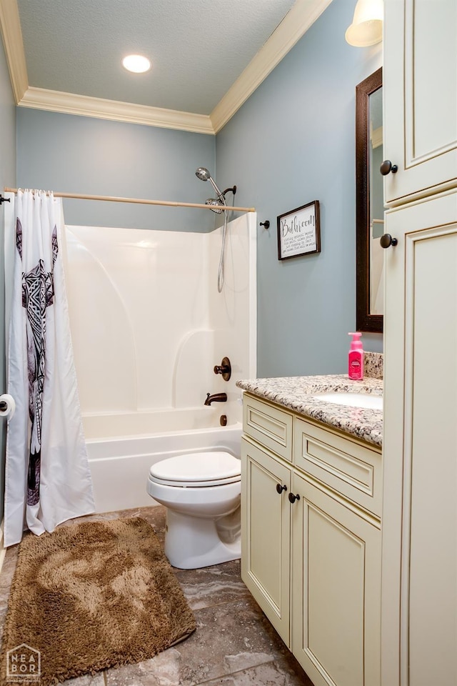 109 Harper Dr, Brookland, AR 72417 - bathroom with ornamental molding, shower / tub combo with curtain, toilet, and vanity