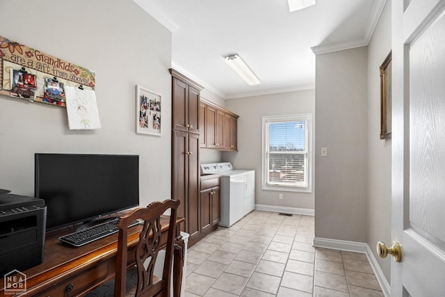 clothes washing area featuring crown molding, separate washer and dryer, visible vents, light tile patterned flooring, and baseboards