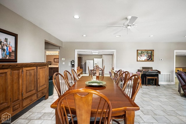 dining room with visible vents, ceiling fan, and recessed lighting