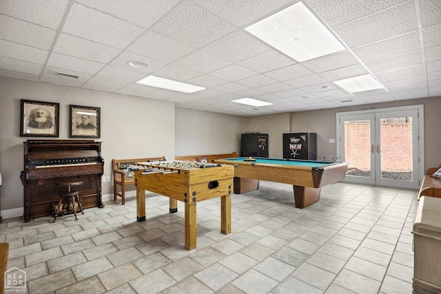 playroom featuring visible vents, baseboards, french doors, a drop ceiling, and pool table
