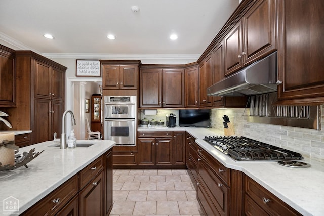 kitchen with a sink, tasteful backsplash, stainless steel appliances, and under cabinet range hood